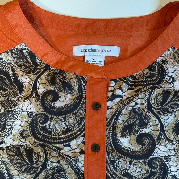 Liz Claiborne Orange & Brown Paisley Long-sleeve Top Henley Neckline Size XL - Picture 4 of 10